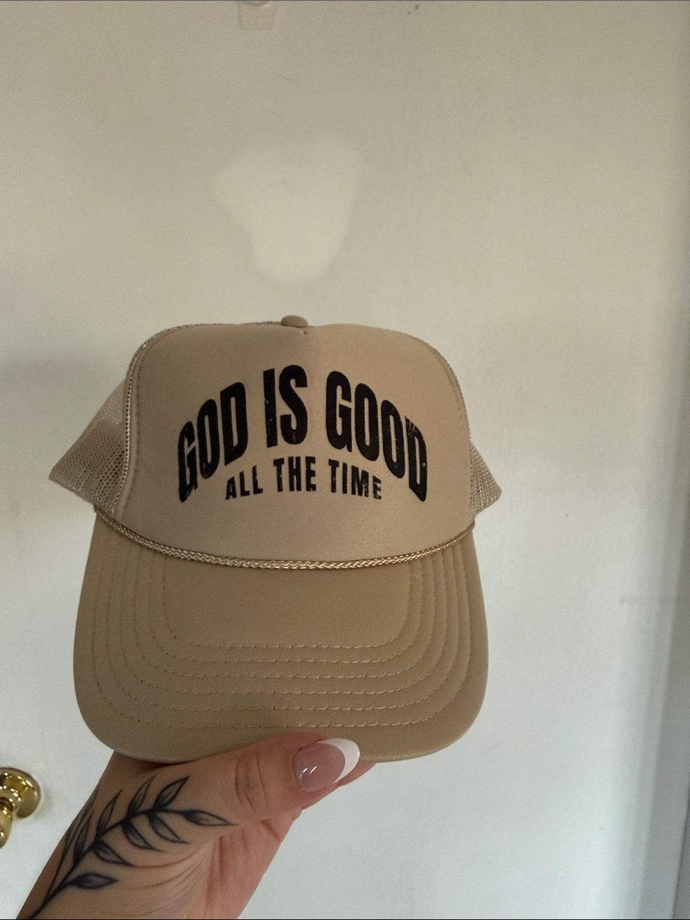 OTTO Beige Trucker Hat with "God Is Good All The Time" Text